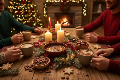 coffee cup, cacao, table, chrystmas style, people sharing
