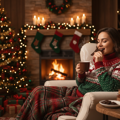 one person drinkin coffee and biting choco bar chritsmas style