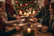 people sharing cacao bars, hot chocolate, no branding, christmas style