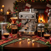 table with a lot of coffee methods, decorated for christmas